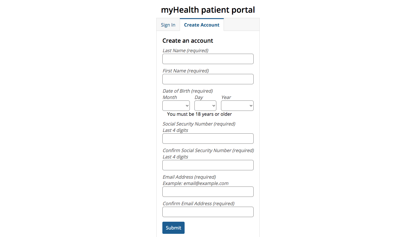 MyHealth Patient Portal Sign Up